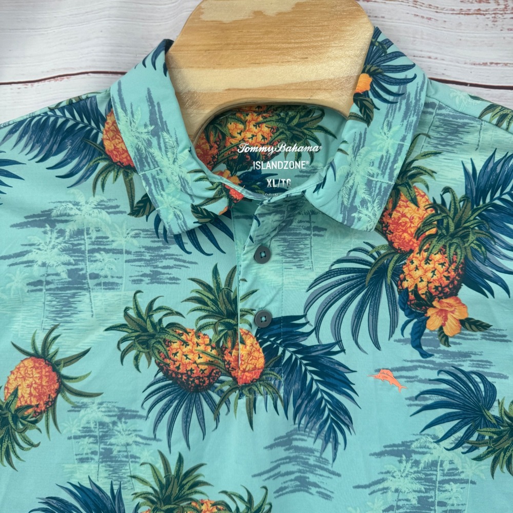 Tommy Bahama Polo Shirt Mens XL IslandZone Pineapple Palm Tree Short Sleeve Golf